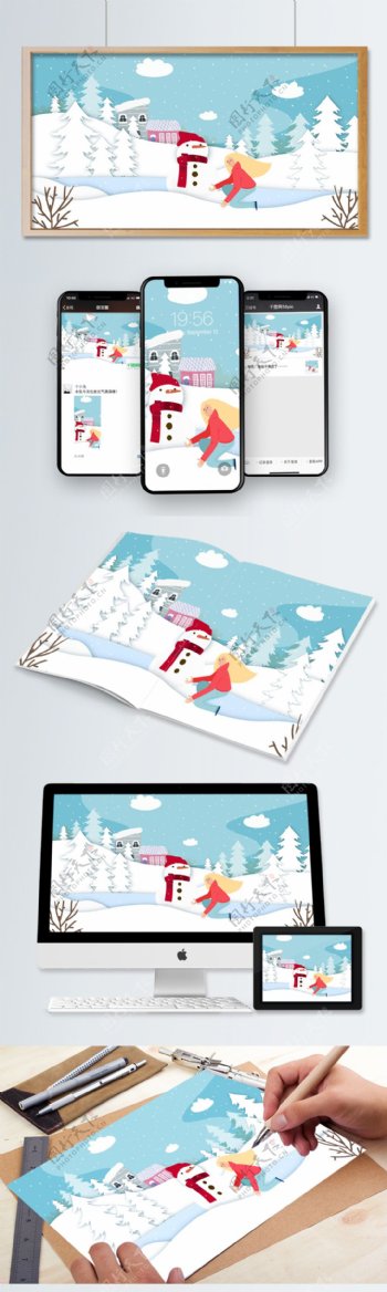 冬季剪纸风雪景堆雪人少女矢量插画
