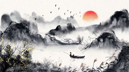 唯美古典古风中国水彩画水墨画插画