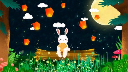 可爱唯美玉兔偷月饼中秋插画