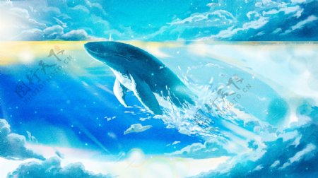 唯美大海与鲸梦游仙境治愈系插画