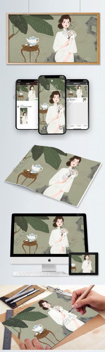 中国风旗袍女人插画