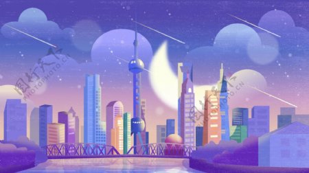 世界旅游日之上海城市夜景东方明珠插画