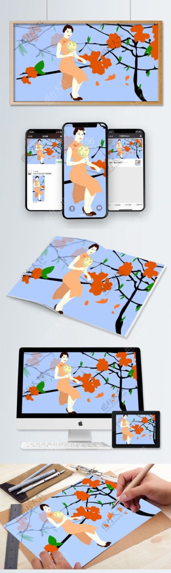 海棠树上的旗袍女人插画