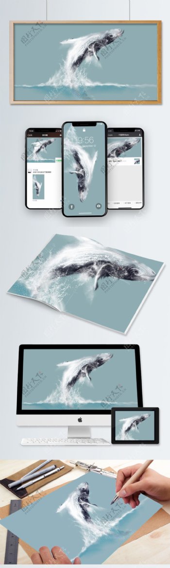 深海鲸鱼插画素材元素海洋背景壁纸手绘