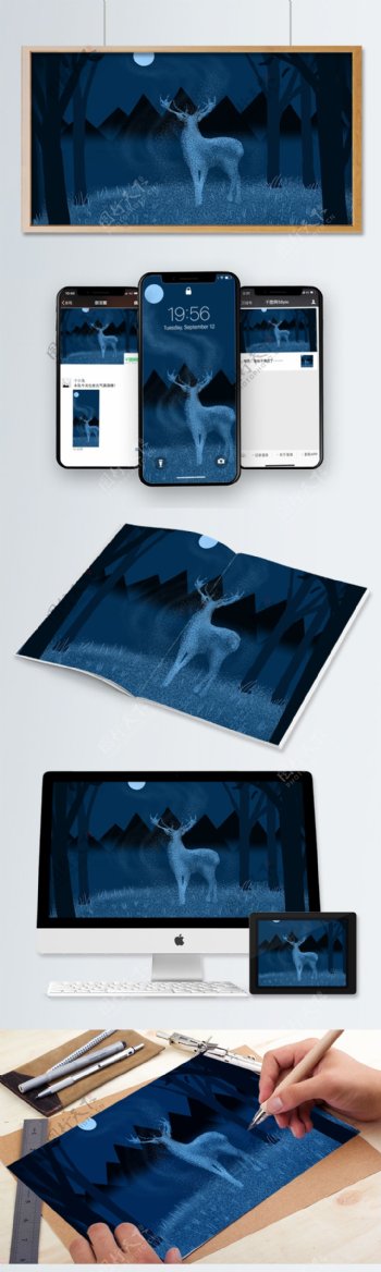 深林里望着月亮的神鹿治愈插画海报配图