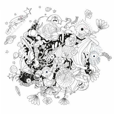 黑白抽象花朵矢量插画素材