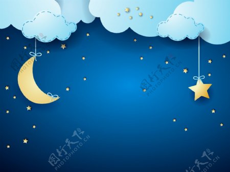 矢量蓝色卡通云层月夜儿童画背景