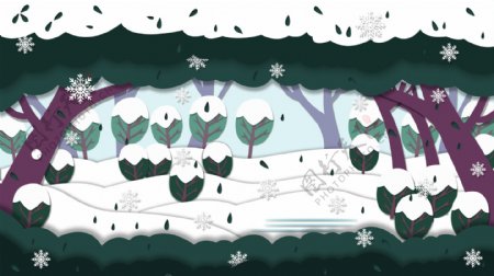 手绘纸片风绿色雪景背景素材