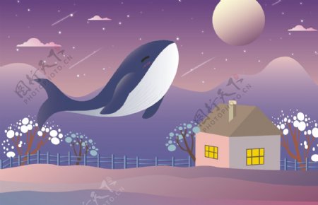 原创梦幻的鲸鱼追月插画