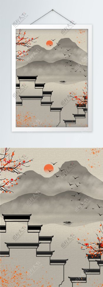 中式江南山水建筑客厅装饰画