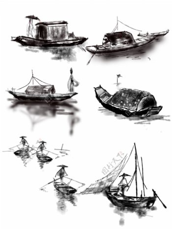 水墨国画船黑白舟渔船山水元素古风免抠素材
