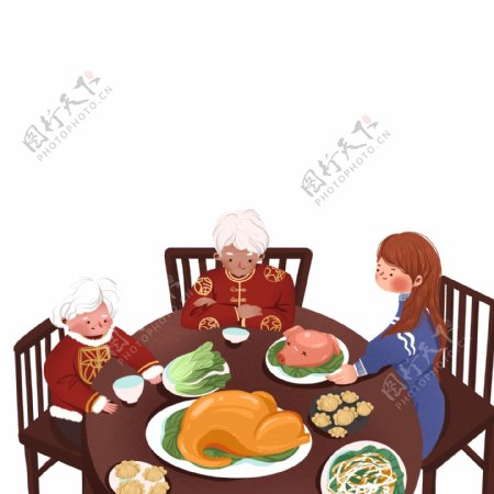 复古肌理过年吃团圆饭的一家人