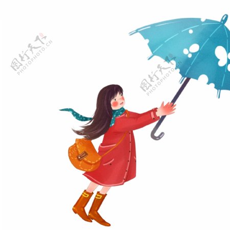 拿着雨伞的卡通女孩图案元素