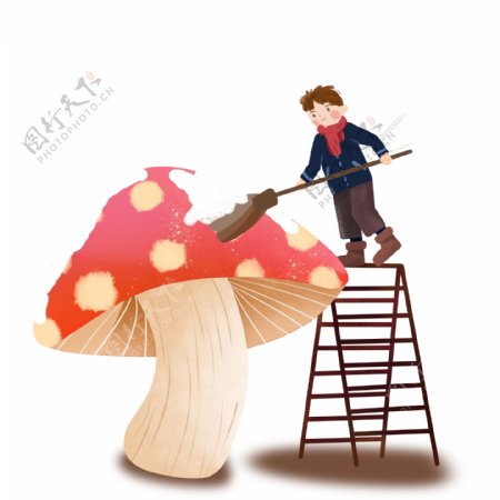 刷蘑菇的卡通男孩图案元素