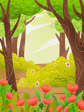 清新二十四节气立春树林花丛背景设计