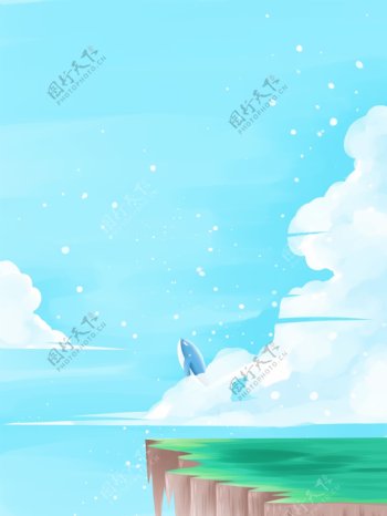 水彩蓝色海水蓝鲸背景设计