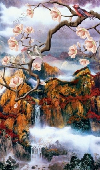 中式山水瀑布玉兰花背景墙