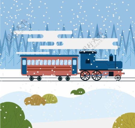 插画雪景火车