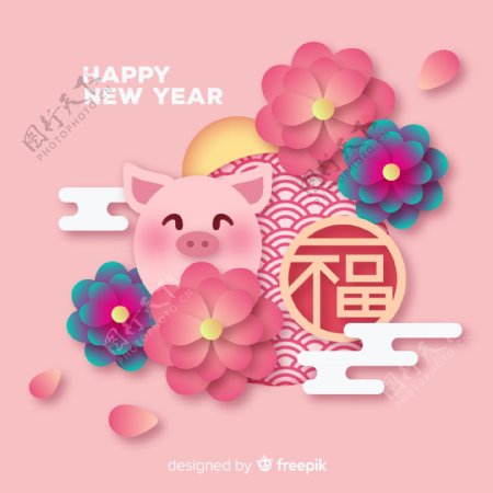 2019年粉色猪和花卉贺卡