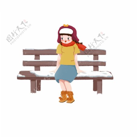 卡通手绘坐在凳子上的女孩