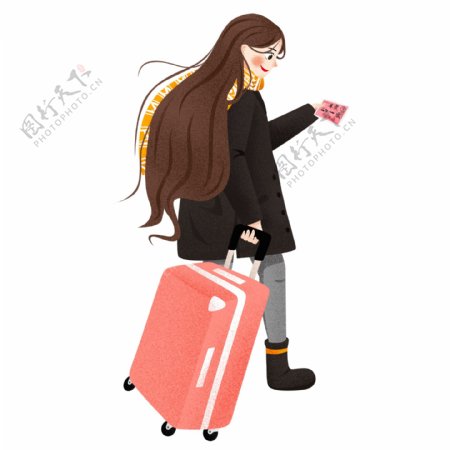 卡通手绘拉着行李回家的女人