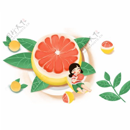 卡通创意吃柚子的女孩