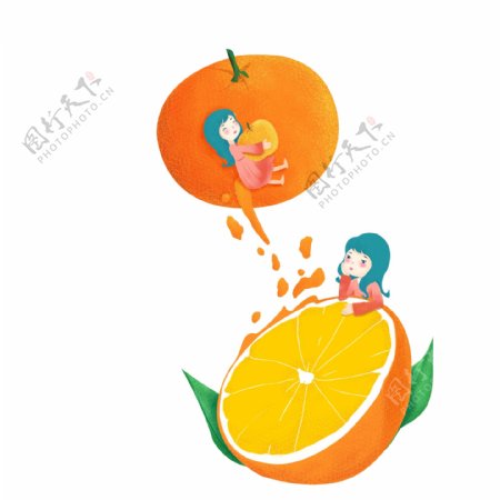 创意水果橘子和女孩插画手绘设计
