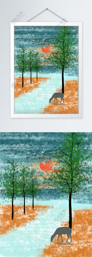现代简约手绘水彩树林河流装饰画