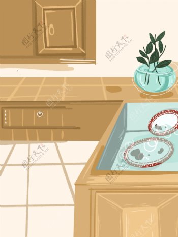 温馨手绘家居厨房插画背景设计