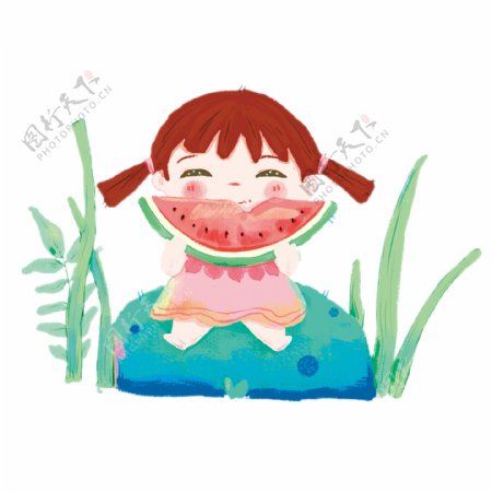 手绘可爱女孩吃西瓜免抠元素