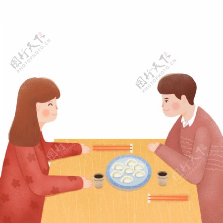 手绘一起吃饺子的情侣