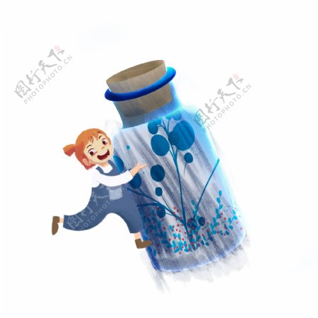 卡通手绘扛着瓶子的小女孩