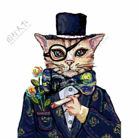 油画绅士猫咪手绘插画设计