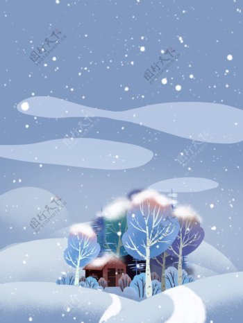 冬季雪地树林小屋背景设计