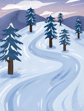 手绘冬季树林滑雪场背景