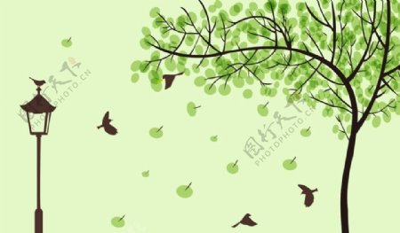 绿色大树小鸟