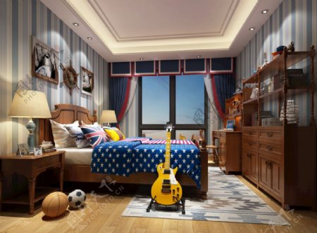 美式儿童房男孩房卧室效果图模型