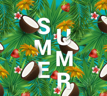 创意热带花草和椰子装饰夏季艺术