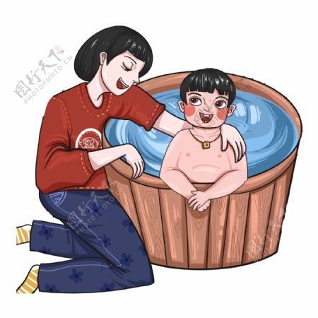 给孩子洗澡的母亲元素素材