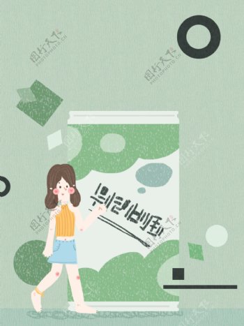 手绘绿茶少女插画广告背景psd