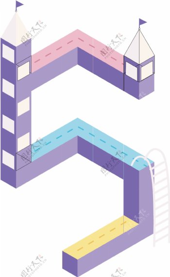 卡通城堡阶梯立体数字5紫色创意矢量元素
