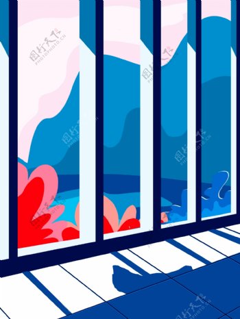 蓝色现代阳台围栏背景设计