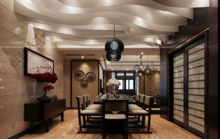 中式黑胡桃餐厅效果图3D模型