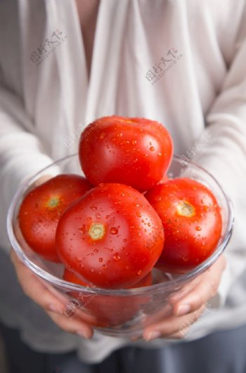 手捧一碗西红柿