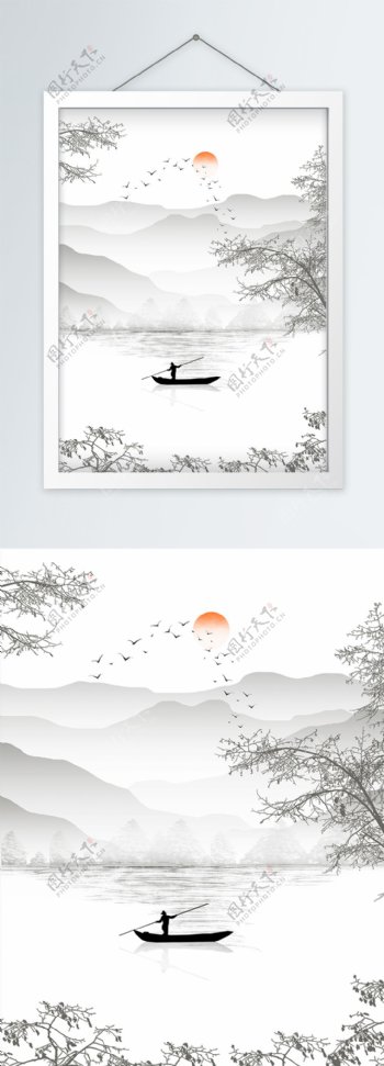 新中式淡雅山水渔船客厅装饰画
