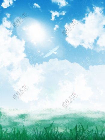纯原创手绘蓝天白云写实风景背景