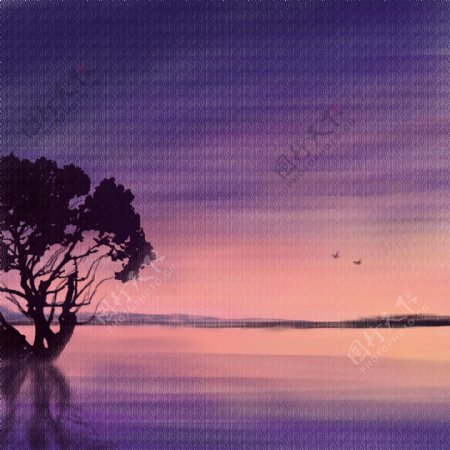 手绘梦幻唯美紫色系湖畔倒影直通车背景