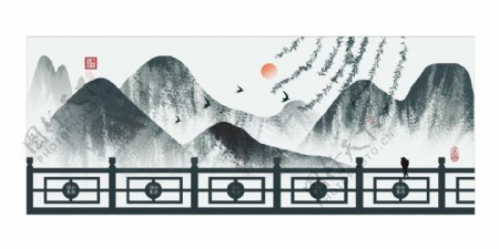 中国风极简山水栅栏客厅酒店横式装饰画