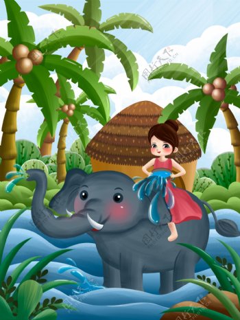 原创泼水节女孩骑大象玩水插画