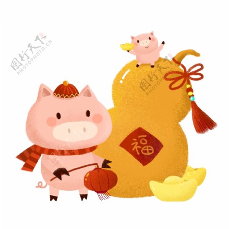 2019喜庆手绘卡通Q版小猪和葫芦免抠PNG素材